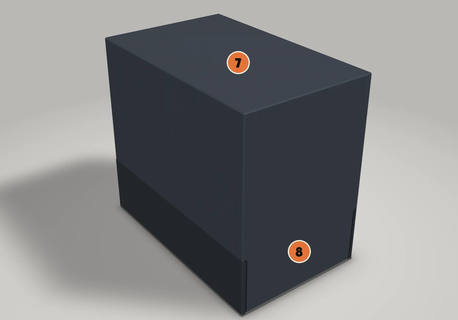 Render: the deck box closed, its plain lid over the deck and drawer