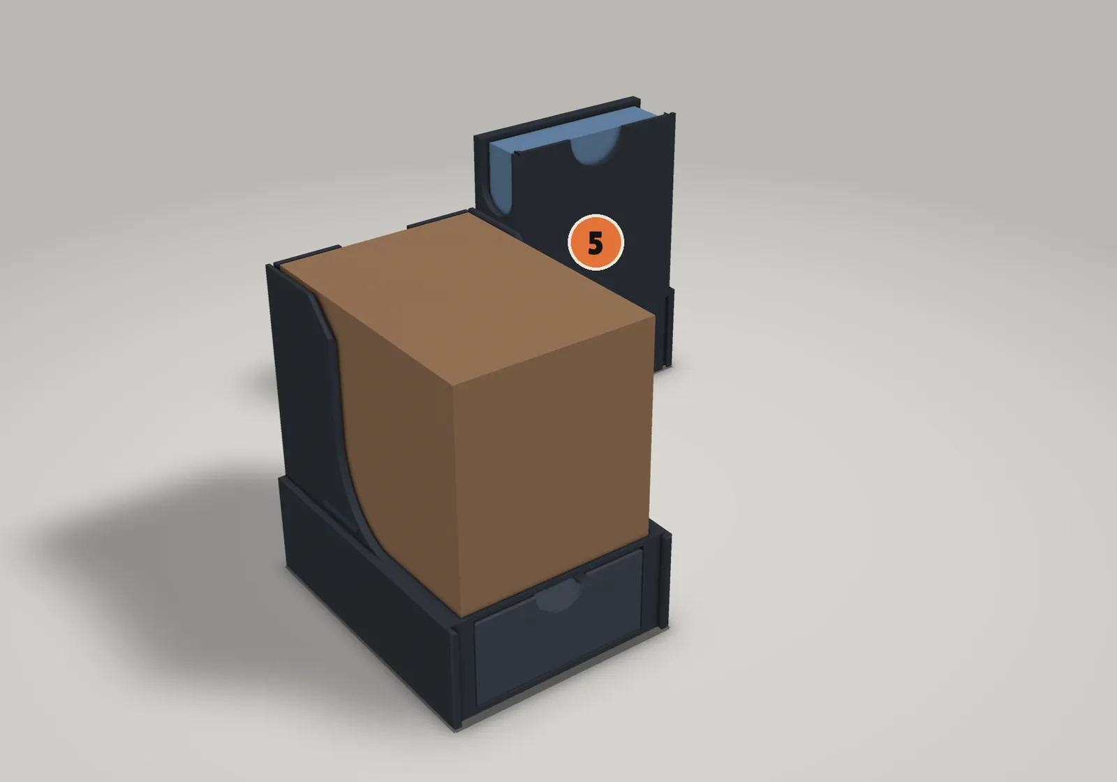 Render: the token module set down beside the deck box, holding its tokens
