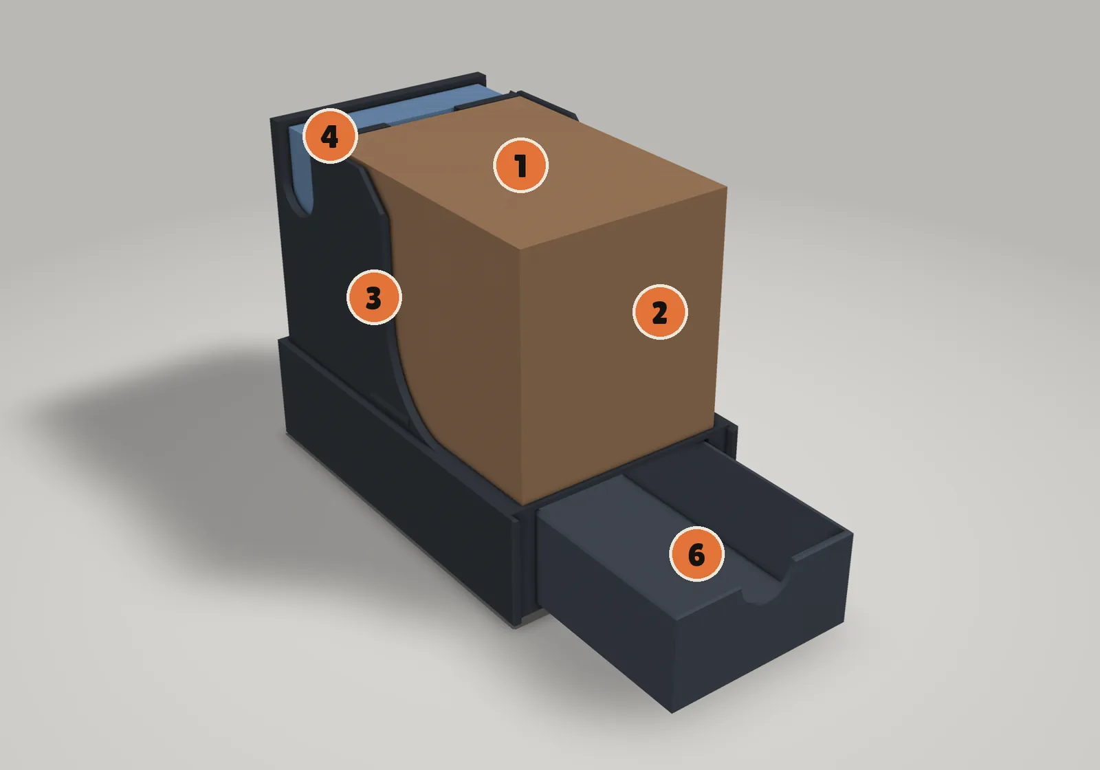 Render: the deck box with its lid off, a deck lying face down on the shelf, tokens standing behind it and the drawer pulled out